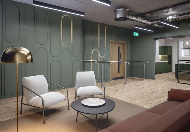 3d visual of the entrance into the suite from lobby, business lounge seating and view into the kitchen area