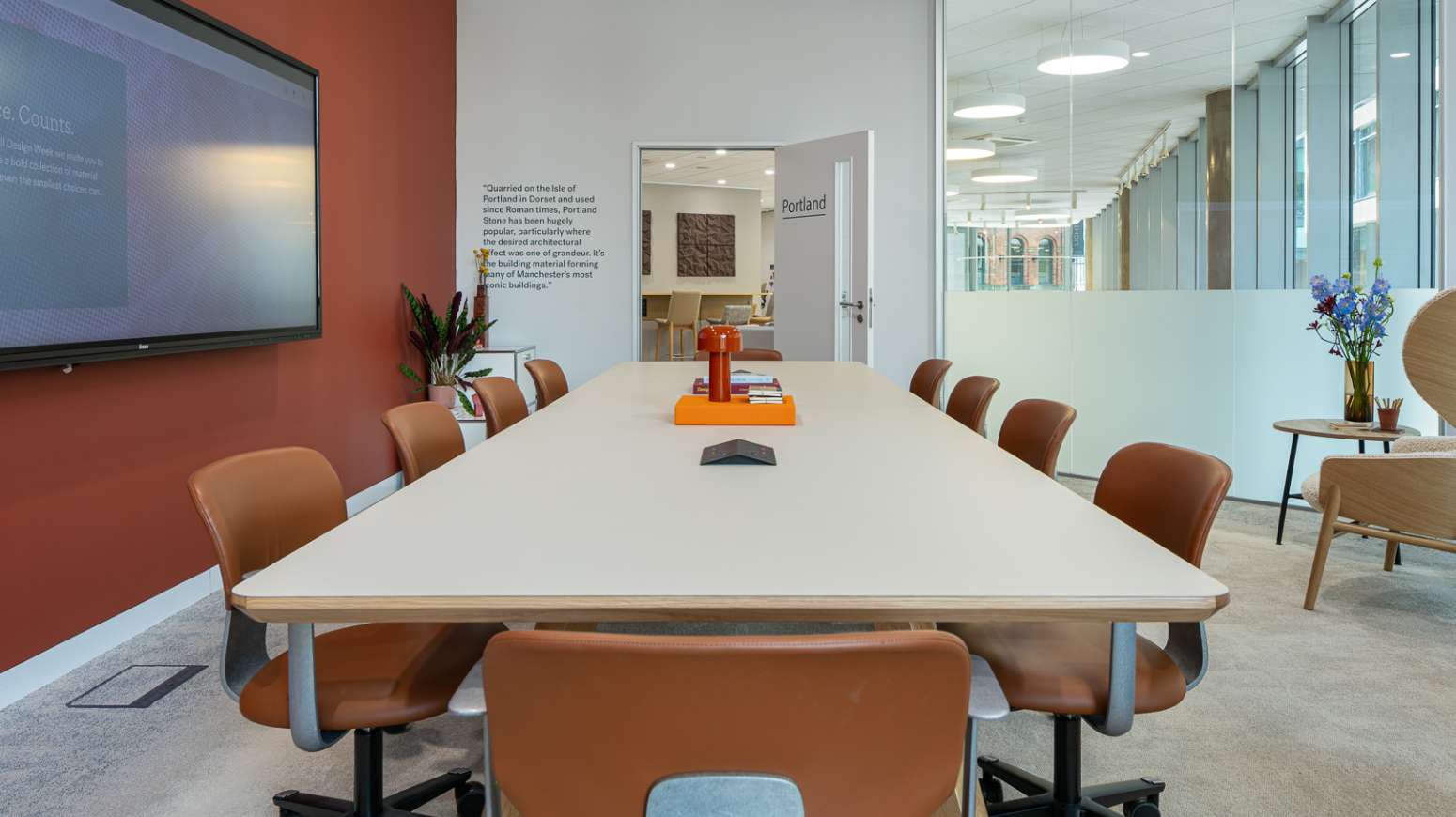 boardroom with AV on wall and looking down room view