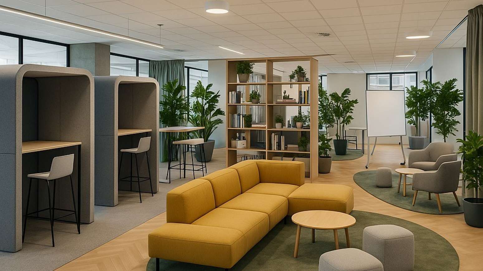 Open plan office with social central zone with quiet booths for focus work