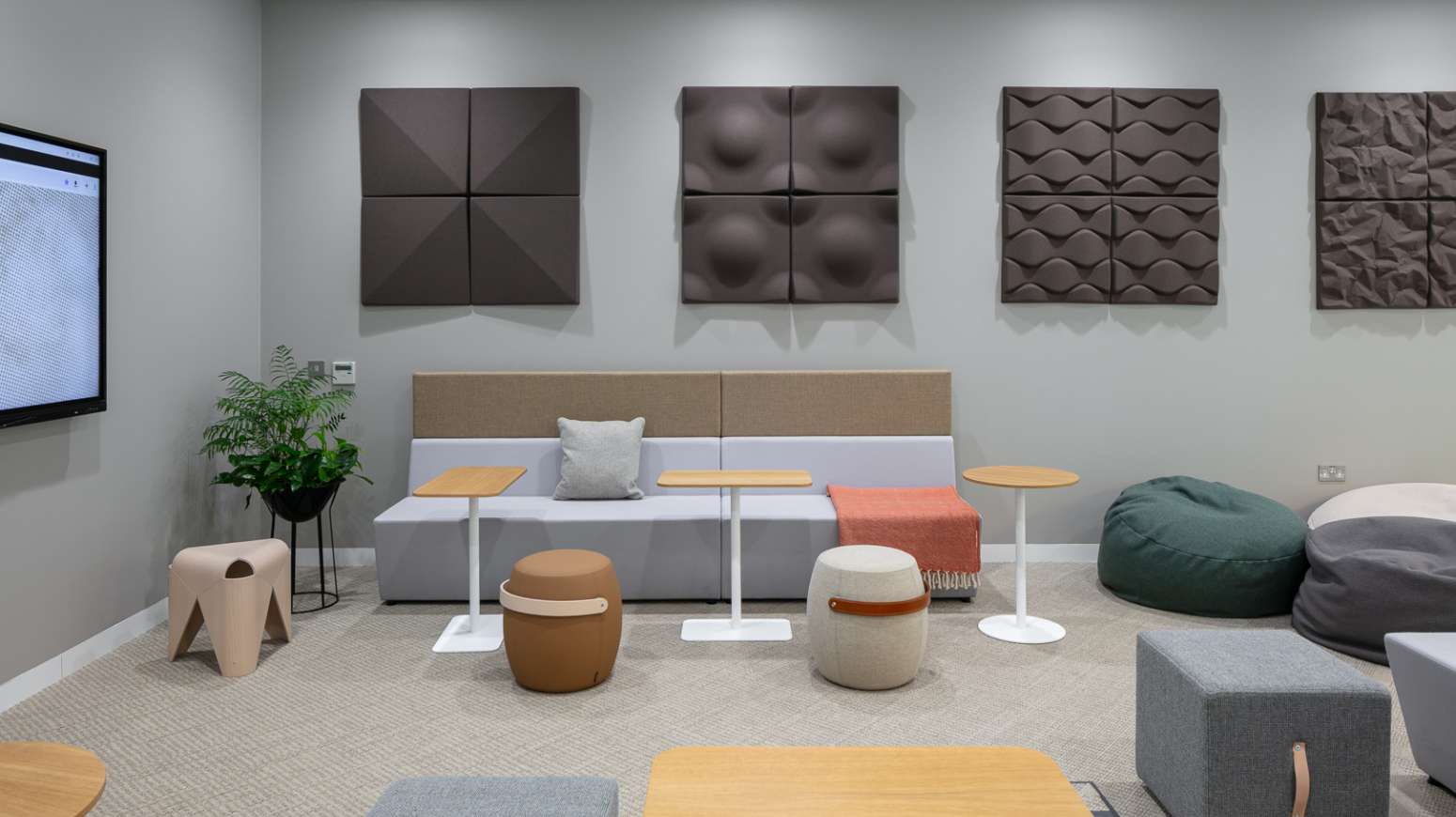 presentation and group meeting space with single seats, acoustic panels on the wall and AV