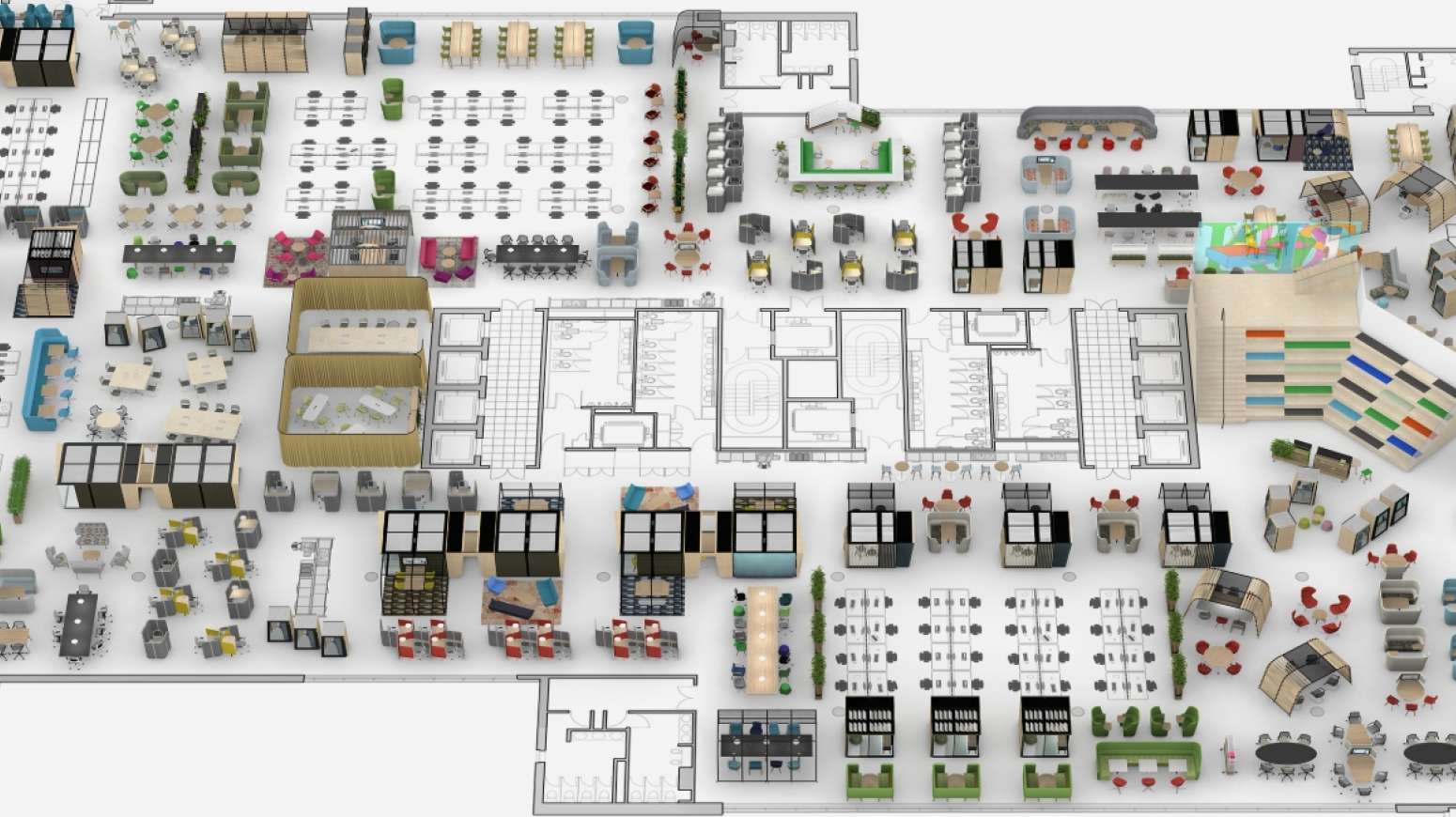 office floor plan showing alternative ways of using furniture to shape workspace