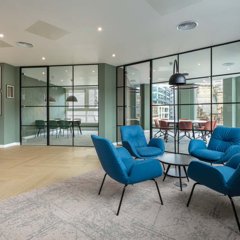 reception area with meeting rooms and lounge seating