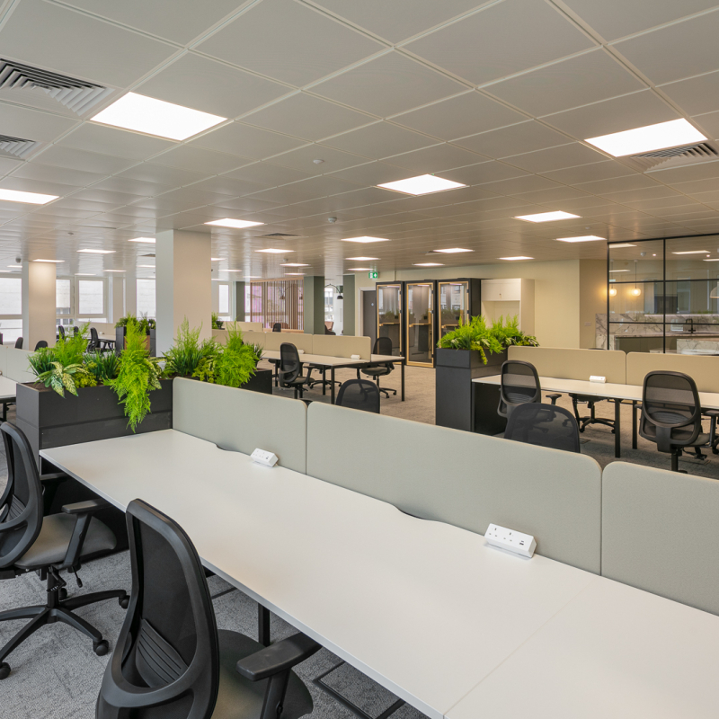 open plan office with desks and task chairs
