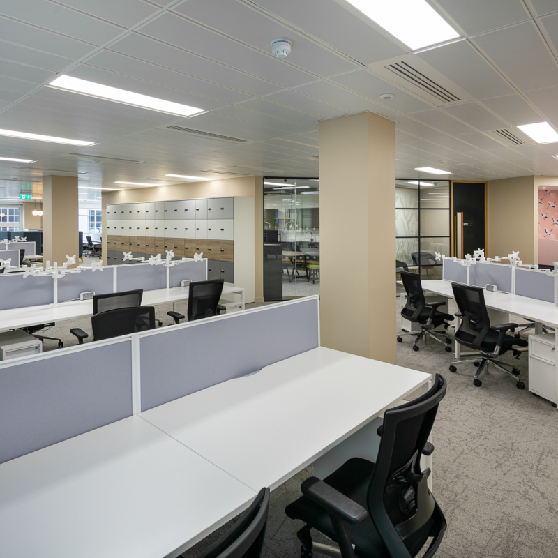open plan office with lockers and meeting spaces