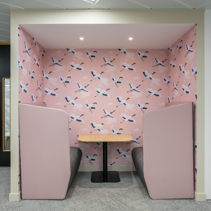 Pink meeting booth for agile working, short conversations or TEAMs calls away from the open plan desks