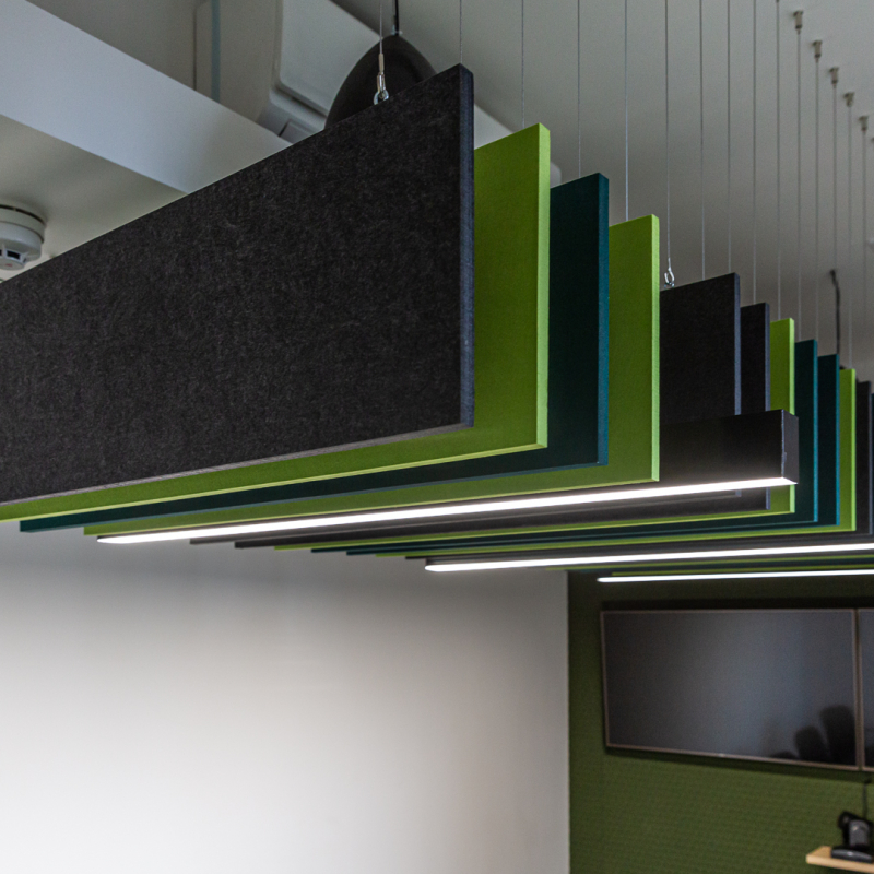 Acoustic panel detail for sound acoustics in meeting room to assist with VC