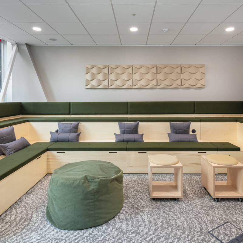 collab space, group meetings formal presentation with curtain divide