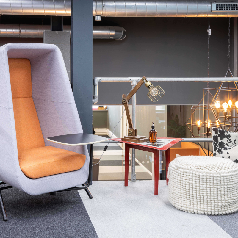 Mezz meeting space with muse single booth chair and associated furniture